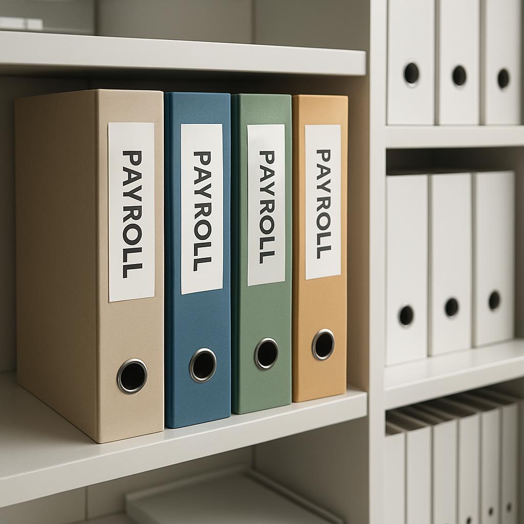 A shelf of three binders in an office, each with a label that reads 'PAYROLL.'