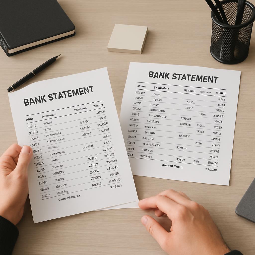 Two bank statements are displayed on a table, showcasing the individual's financial transactions.