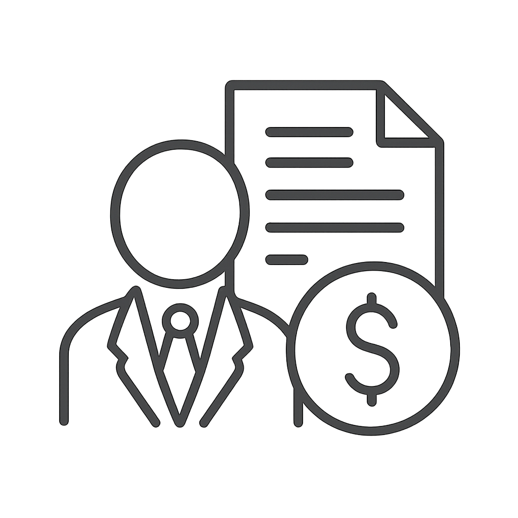 A person is looking at contract and money icon written by a robot on a dark background. Biggest text is black font. SME re...